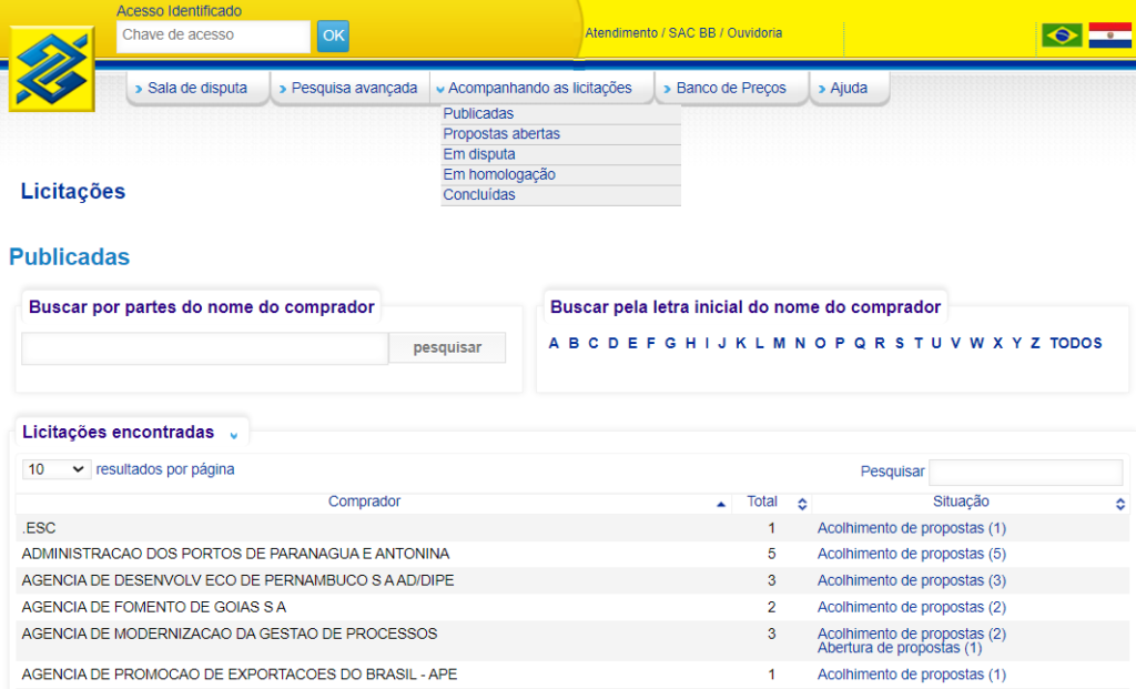 Acompanhando licitações no portal do Banco do Brasil