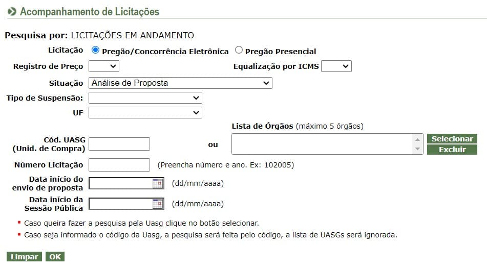 Tela de pregão em andamento no ComprasNet